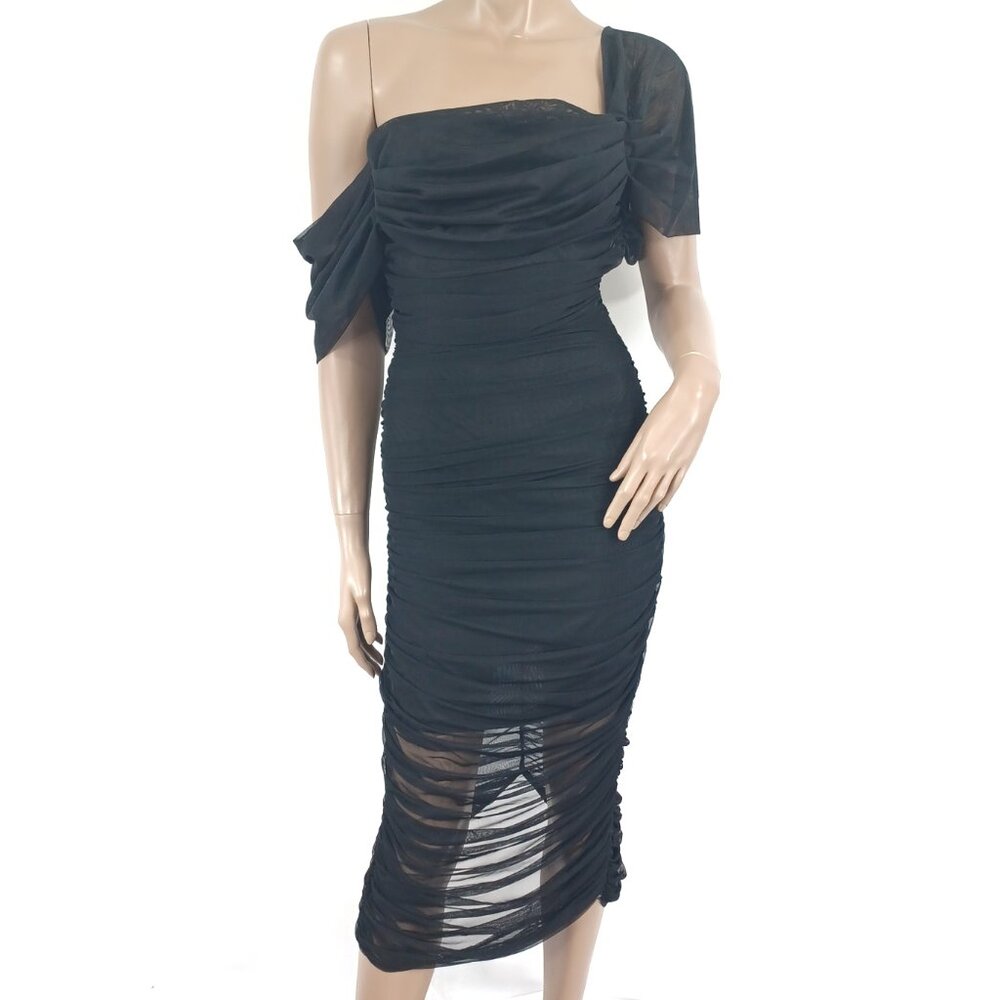 MISSGUIDED Dress Ruched SS Bardot Midi Stretch Coffin Pleat 8 NWT